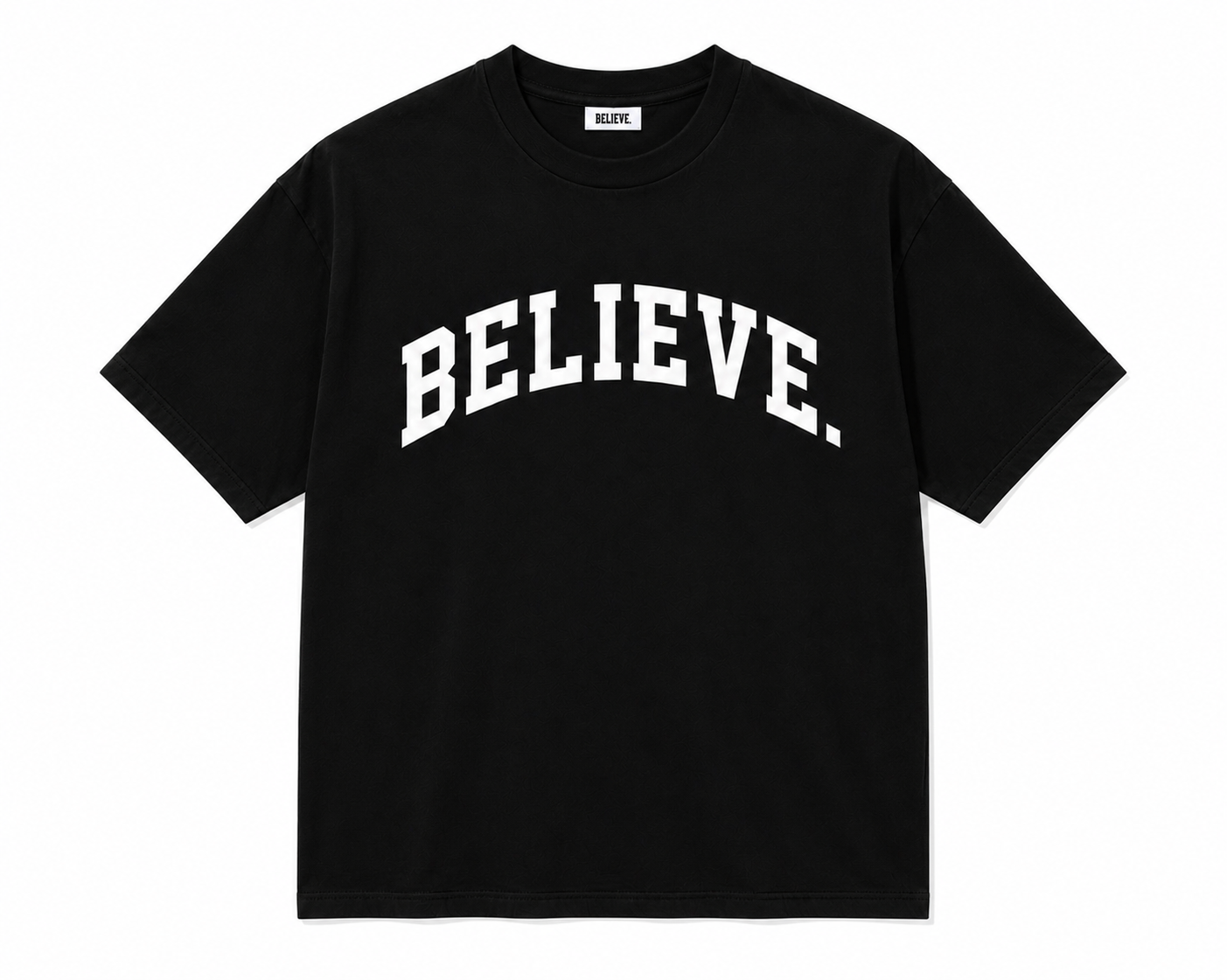 BELIEVE. Varsity Tee – Black / White