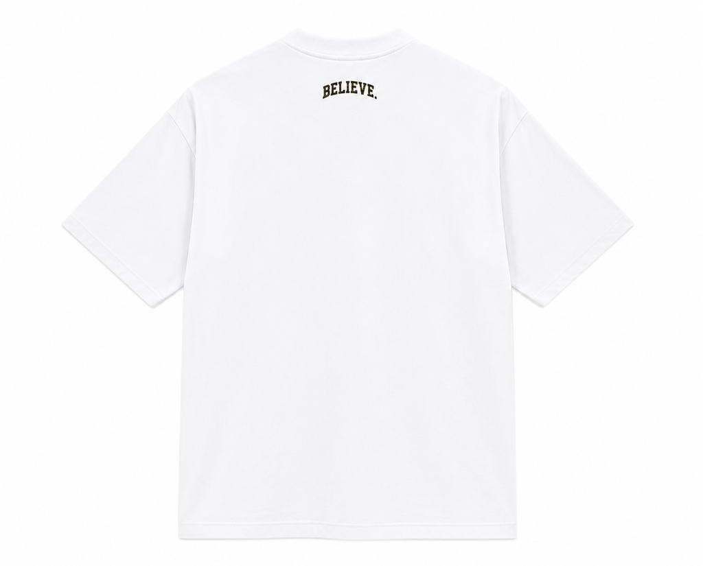BELIEVE. Varsity Tee – White / Camo