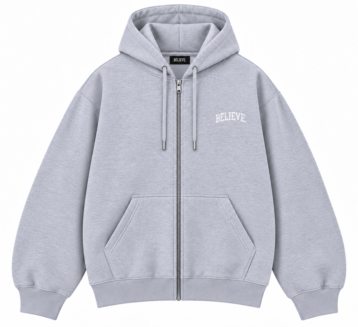 BELIEVE. Light Grey Zip-Up Hoodie