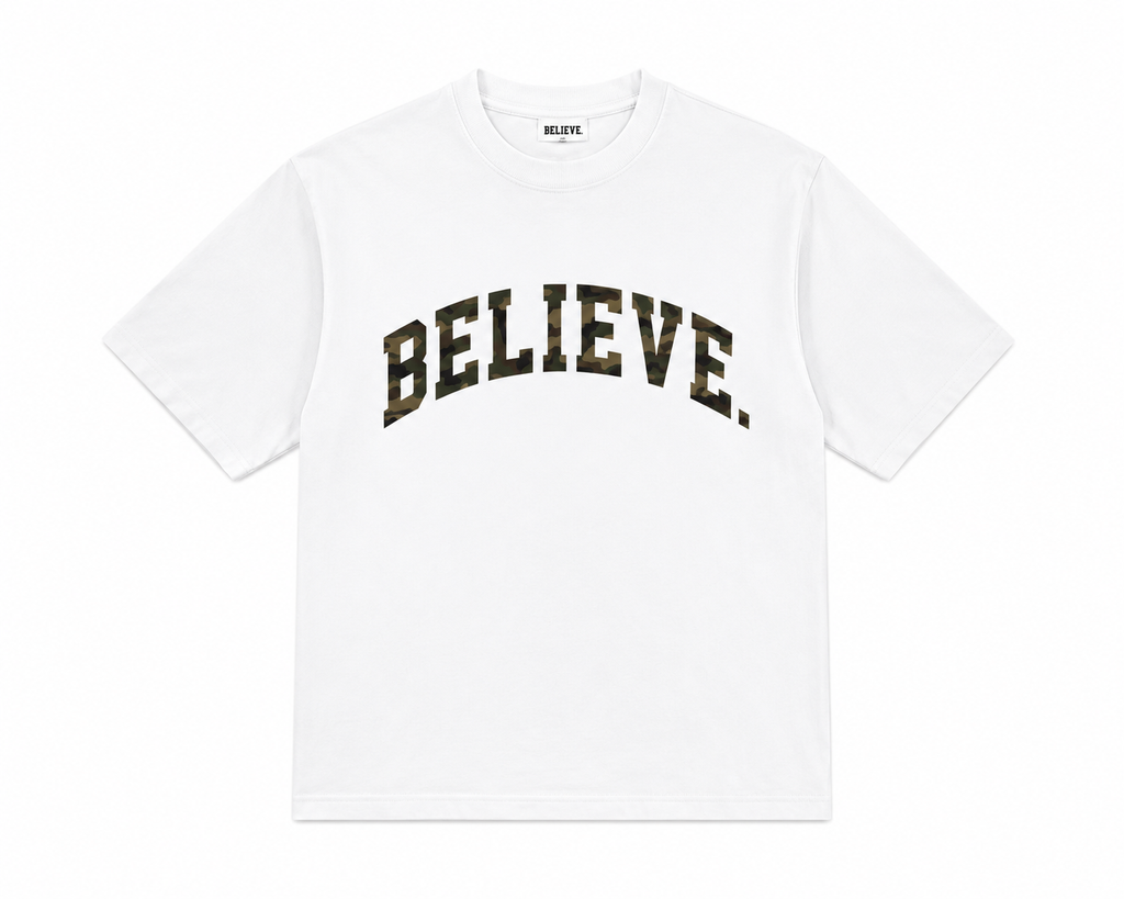 BELIEVE. Varsity Tee – White / Camo