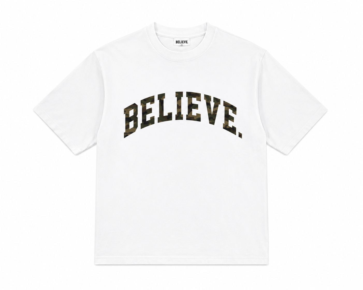 BELIEVE. Varsity Tee – White / Camo