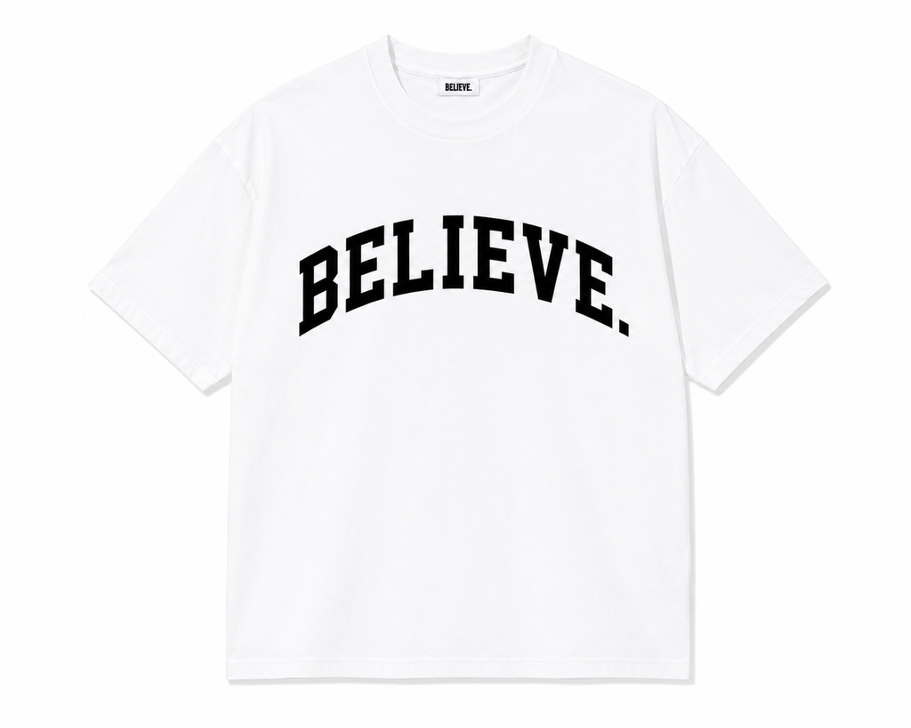 BELIEVE. Varsity Tee – White / Black