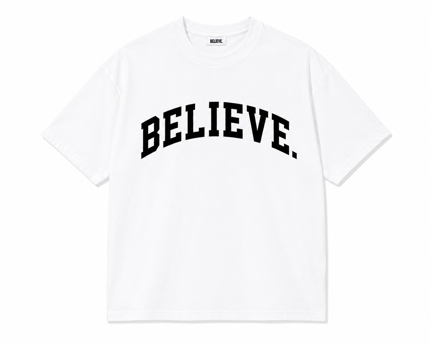 BELIEVE. Varsity Tee – White / Black