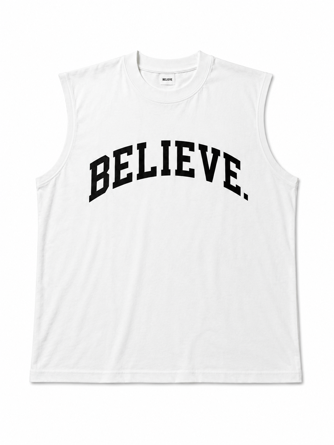 BELIEVE. Varsity Tank – White / Black