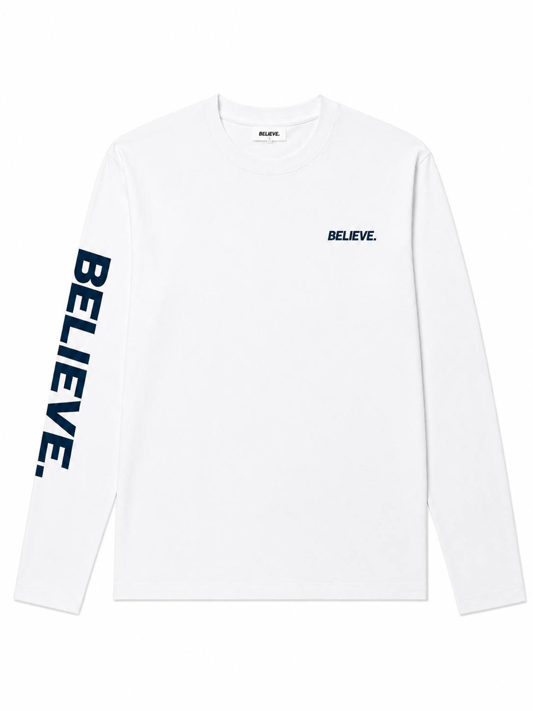 BELIEVE. Essential Long Sleeve – White / Navy