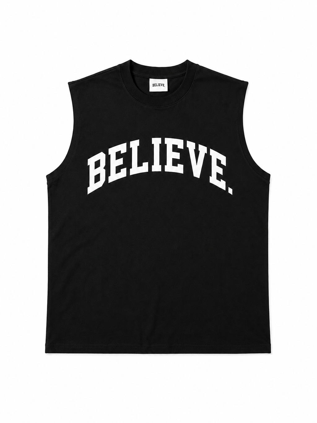 BELIEVE. Varsity Tank – Black / White