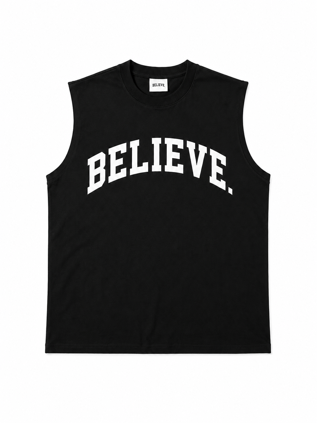 BELIEVE. Varsity Tank – Black / White