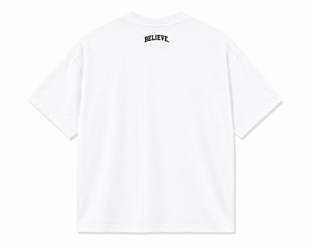 BELIEVE. Varsity Tee – White / Black